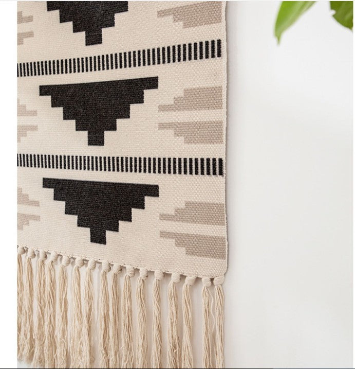 Simple Black Geometric Pattern Cotton Hanging Rugs Tapestry with Tassel Handwoven for Bedroom Living Room Hall Wall Decor Art Tapestries