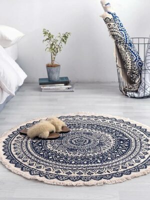 Round Cotton Area Rug with Tassel Hand Woven Machine Washable Floor Carpet Rug for Living Room Bedroom 90cm 02