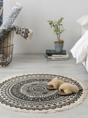Round Cotton Area Rug with Tassel Hand Woven Machine Washable Floor Carpet Rug for Living Room Bedroom 90cm 03
