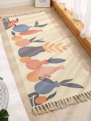 Decorative Floral Cotton Area Rug Hand Woven Rug Entryway Bedside Runner Thin Floor Mat Carpet with Tassel