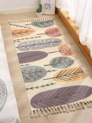Decorative Leaf Cotton Area Rug Hand Woven Rug Entryway Bedside Runner Thin Floor Mat Carpet with Tassel