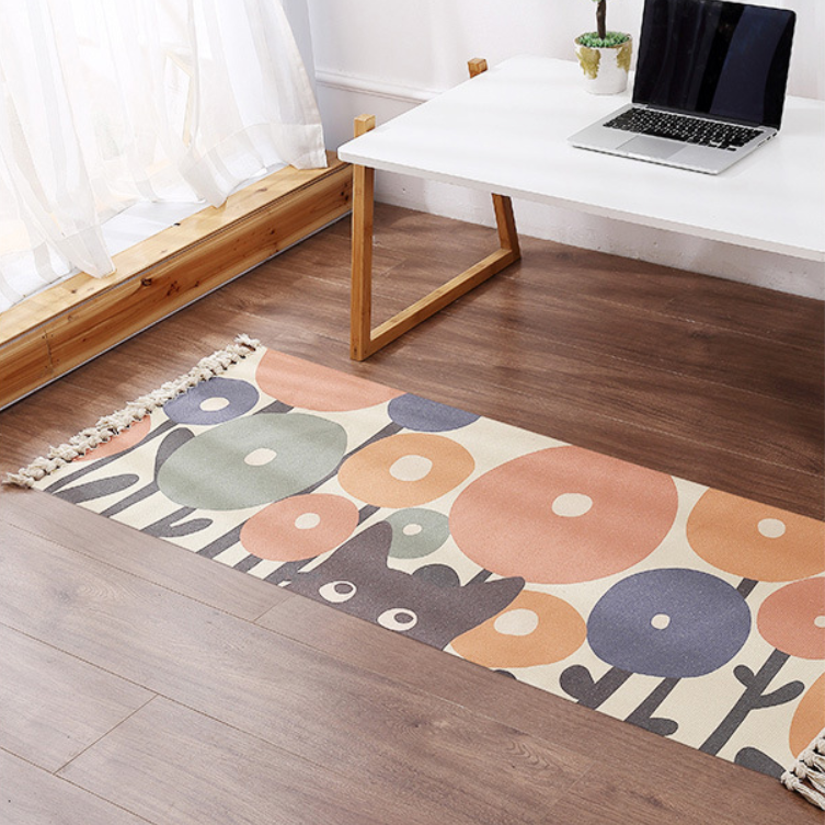 Decorative Cute Cartoon Cotton Area Rug Hand Woven Rug Entryway Bedside Runner Thin Floor Mat Carpet with Tassel - Image 2