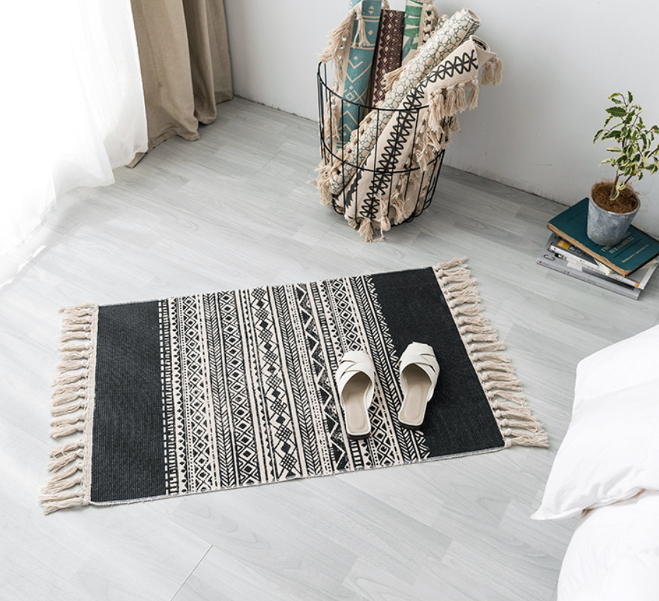 Black Vintage Striped Cotton Area Rug with Tassel Hand Woven Floor Carpet Rug for Living Room Bedroom 60*90cm 04 - Image 2
