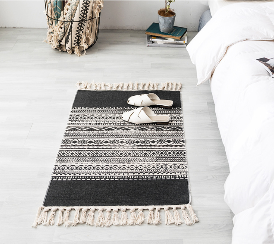 Black Vintage Striped Cotton Area Rug with Tassel Hand Woven Floor Carpet Rug for Living Room Bedroom 60*90cm 04 - Image 4