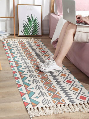 Colourful Geometric Cotton Area Rug with Tassel Hand Woven Floor Carpet Rug for Living Room Bedroom 01
