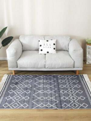 Grey Geometric Cotton Area Rug with Tassel Hand Woven Floor Carpet Rug for Living Room Bedroom