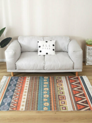 Colourful Geometric Cotton Area Rug with Tassel Hand Woven Floor Carpet Rug for Living Room Bedroom