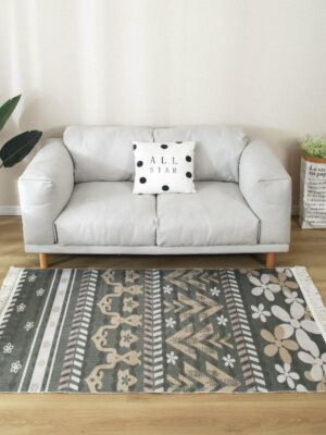 Black Grey Floral Patterned Cotton Area Rug with Tassel Hand Woven Floor Carpet Rug for Living Room Bedroom