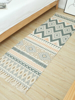 Moroccan Geometric Pattern Cotton Area Rug with Tassel Hand Woven Floor Carpet Rug for Living Room Bedroom