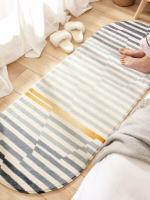 Blue Lines Patterned Oval Plush Soft Girls Boys Bedroom Kids Room Bedside Carpet Rugs Runners