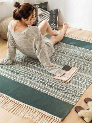 Green Morocco Pattern Cotton Area Rug with Tassel Hand Woven Floor Carpet Rug for Bedroom Living Room