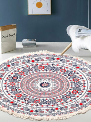 Black Red Round Printed Pattern Cotton Area Rug with Tassel Hand Woven Machine Washable Floor Carpet Rug