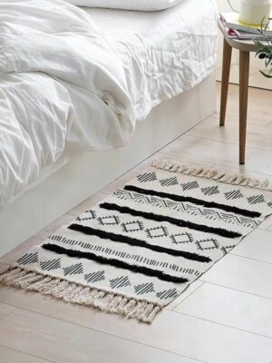 Retro Moroccan Geometric Pattern Cotton and Linen Area Rug with Tassel Handwoven Floor Carpet Rug for Living Room Bedroom 05