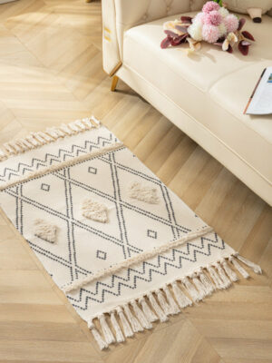 Retro Moroccan Geometric Pattern Cotton and Linen Area Rug with Tassel Handwoven Floor Carpet Rug for Living Room Bedroom 11
