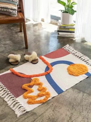 Retro Moroccan Geometric Pattern Cotton and Linen Area Rug with Tassel Handwoven Floor Carpet Rug for Living Room Bedroom 25