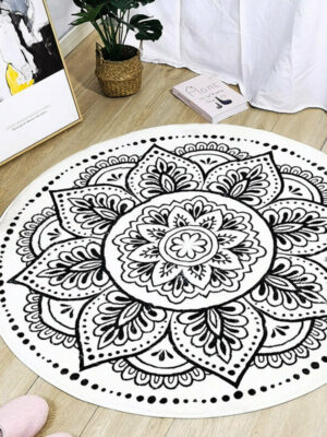Floral Black and White Carpets Round Rugs for Hall Bedroom Living Room