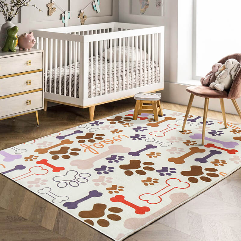Colorful Paw Prints and Bones Pattern Faux Cashmere Soft Shaggy Area Rug Carpets For Living Room Bedroom Hall Office