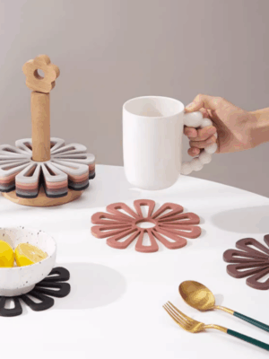 Coloured PVC Flowers Placemats With Wooden Storage Stand