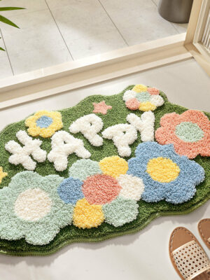 Irregular Colorful Fresh Happy Flower Extra Soft Flocking Bath Mats Absorbent Non-Slip Bathroom Rugs