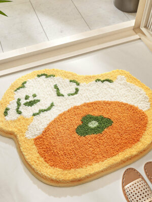 Irregular Colorful Orange Dog Extra Soft Flocking Bath Mats Absorbent Non-Slip Bathroom Rugs