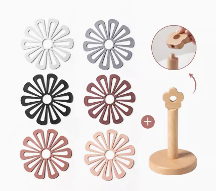 Coloured PVC Flowers Placemats With Wooden Storage Stand - Image 14