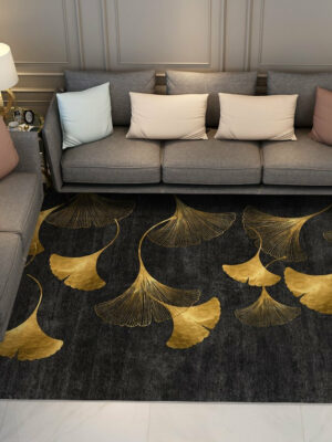 Black Golden Ginkgo Leaves Modern Contemporary Rugs for Living Room Dining Room Bedroom