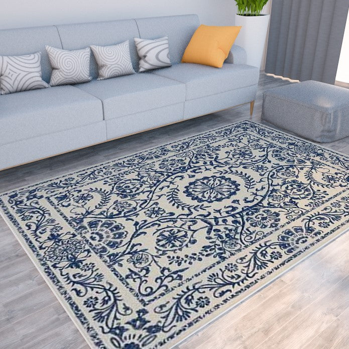 Blue Traditional Floral Rugs Runners for Living Room Bedroom Hall Office Machine Washable - Image 3